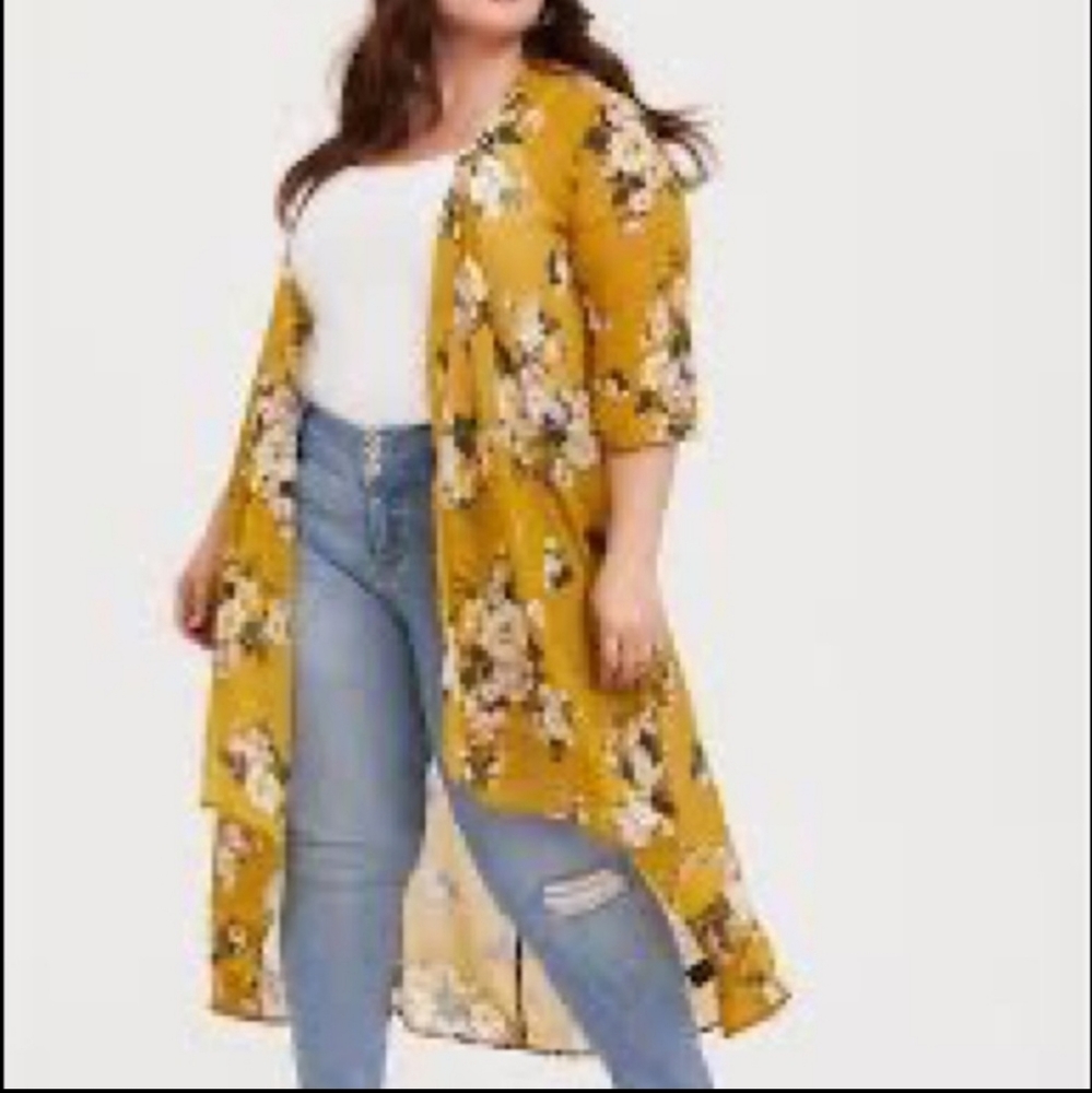 TORRID MUSTARD YELLOW FLORAL CHIFFON KIMONO SIZE 3/4 BELLE SLEEVES FLOWY